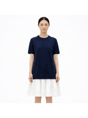 COS Navy & White Panelled Cotton Knit Dress Minimalist Style Tiered Skirt | XS–S